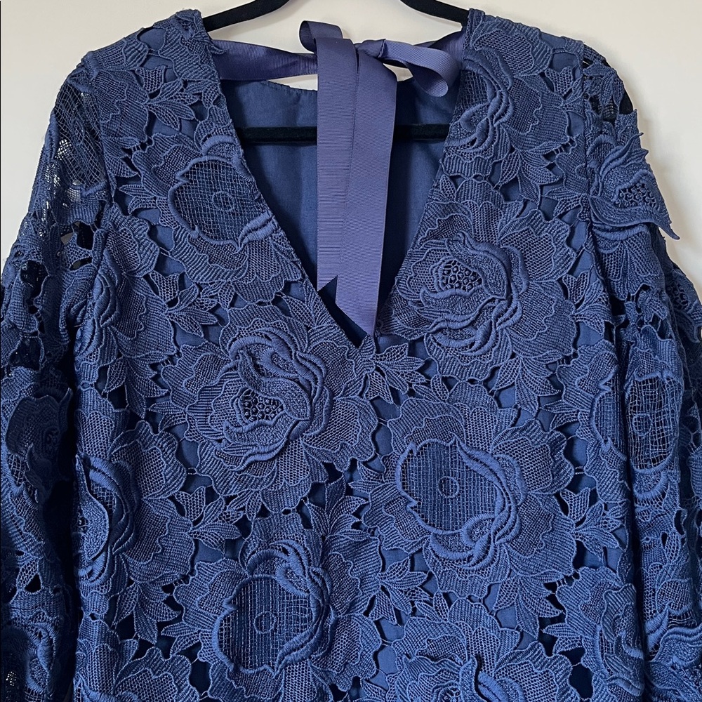 ZARA Guipure Floral Lace Lantern Sleeve Open Back Dress Blue Size Small - Picture 8 of 11